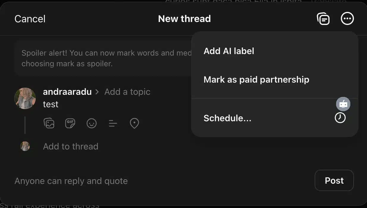 Threads post composer with the options menu open, showing “Add AI label,” “Mark as paid partnership,” and “Schedule…” options.