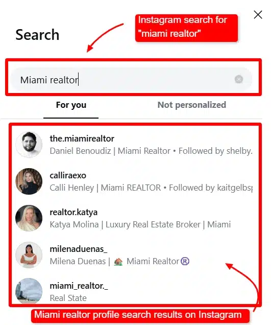 Instagram search page with the query "Miami realtor" entered in the search bar. Below are profile results featuring usernames and display names that include the keywords "Miami" and "Realtor," highlighted with red boxes and arrows to emphasize keyword matching.