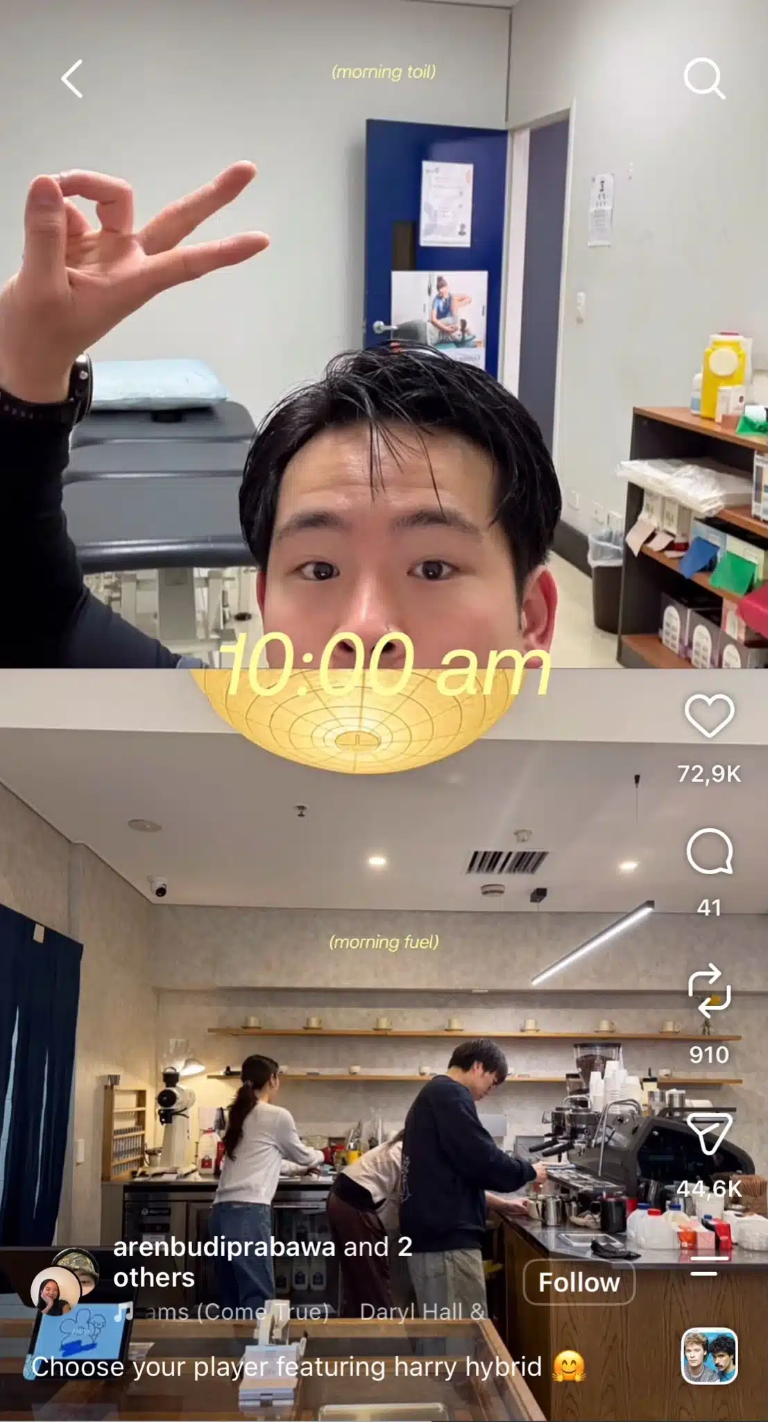 Instagram Reel showing a split-screen day-in-the-life sequence, with a man in a medical exam room at 10:00 a.m. followed by a scene of people working behind a café counter, as part of the “Send a Photo” social media trend.