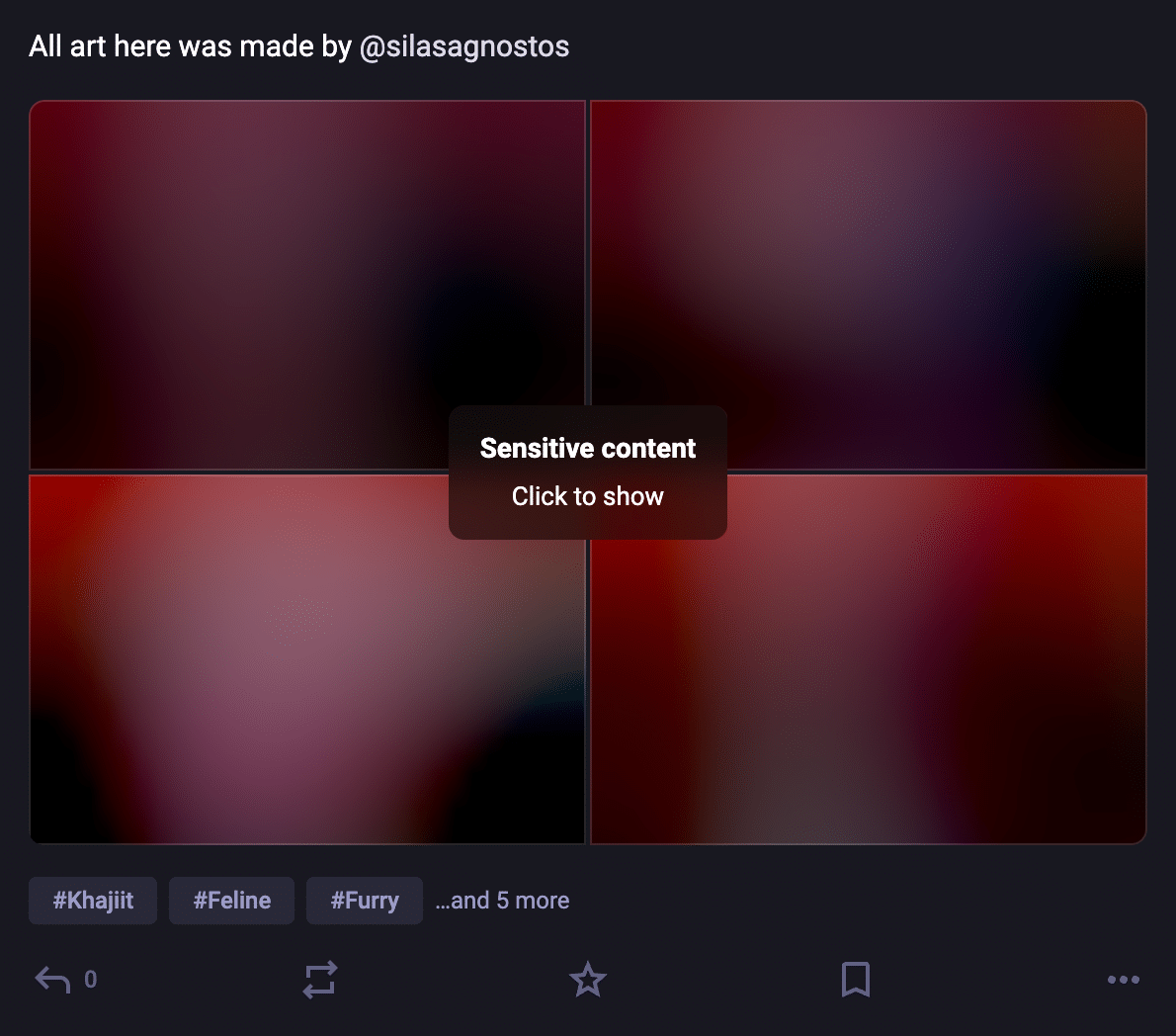 Mastodon post displaying four blurred media attachments behind a “Sensitive content: Click to show” warning, with hashtags including #Khajiit, #Feline, and #Furry.