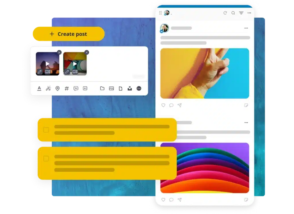 SocialBee post editor showing media uploads, content creation tools, a publishing preview, and a content planning checklist for scheduling social media posts.