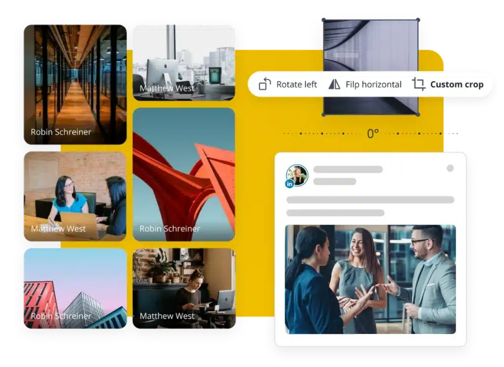 SocialBee media library with stock images, built-in image editing tools for cropping and rotating photos, and a LinkedIn post preview for creating professional social media content.