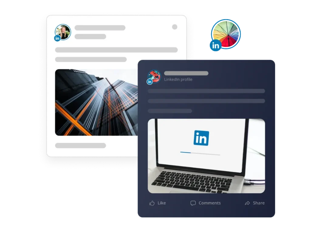 LinkedIn post previews displayed in light and dark mode, showing how social media content appears before publishing across different interface themes.