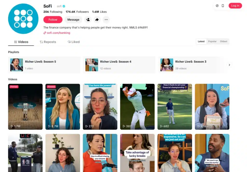 SoFi's TikTok profile displaying finance-related videos, playlists, and educational content.
