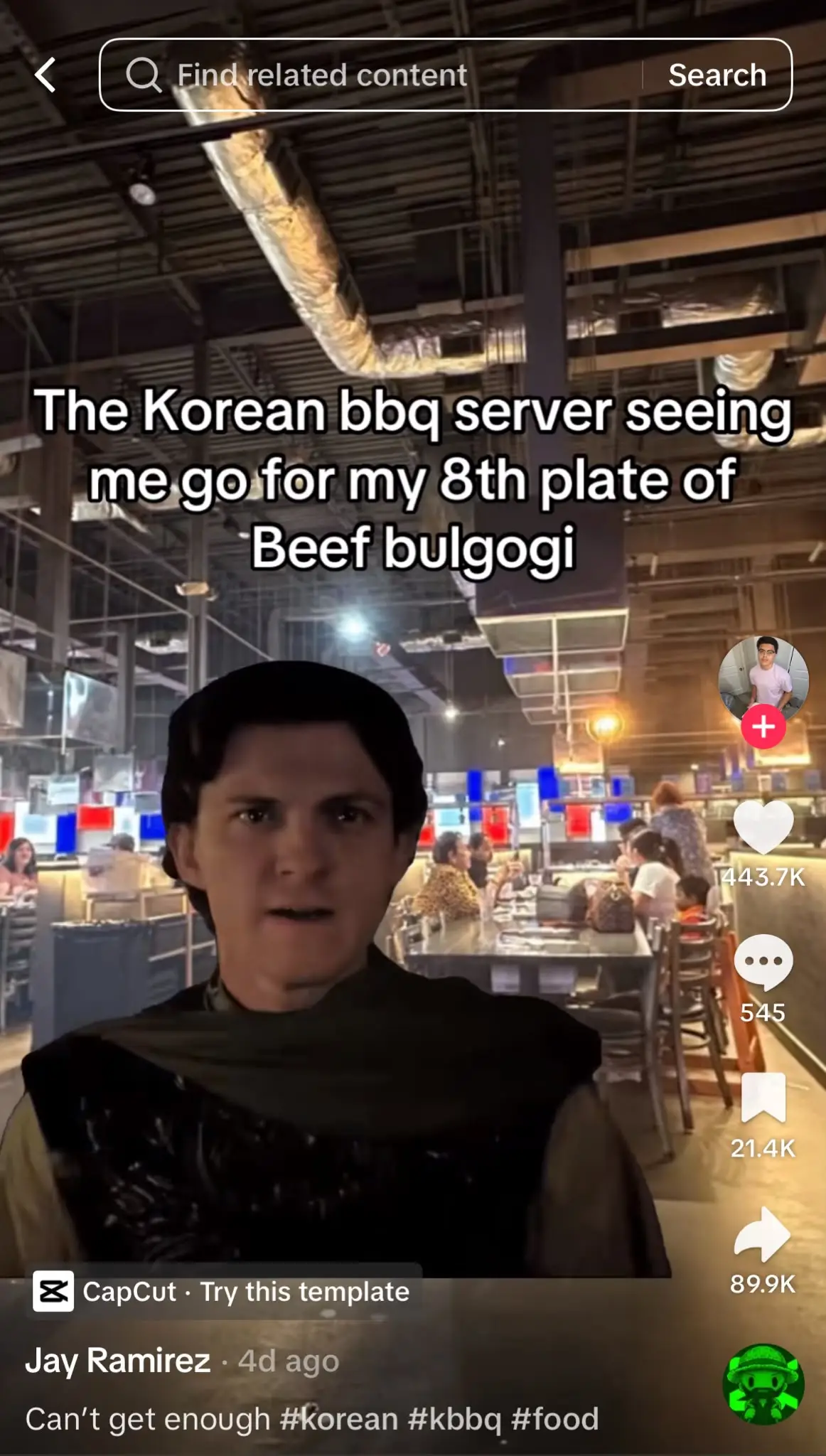 TikTok meme set inside a Korean BBQ restaurant, showing a surprised Tom Holland with text reading, “The Korean bbq server seeing me go for my 8th plate of Beef bulgogi.”