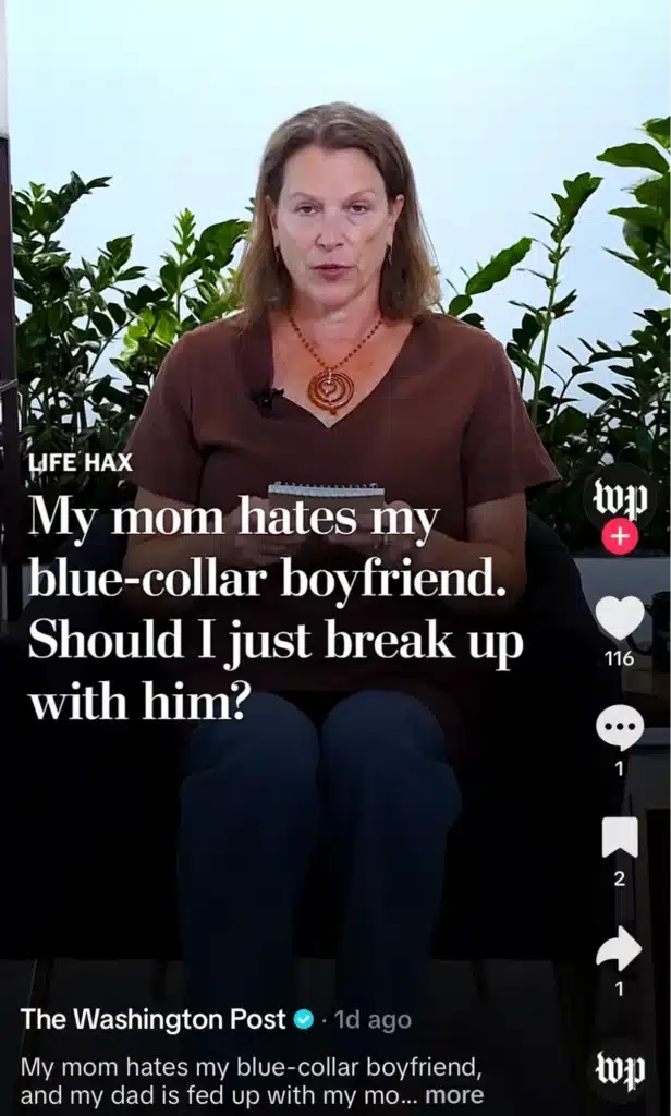 Washington Post TikTok video discussing a reader's relationship dilemma in its "Life Hax" advice series.