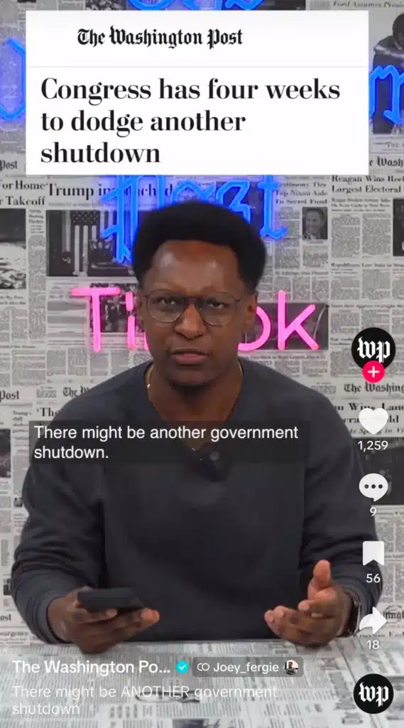 Washington Post TikTok video explaining the possibility of a U.S. government shutdown with on-screen headlines.