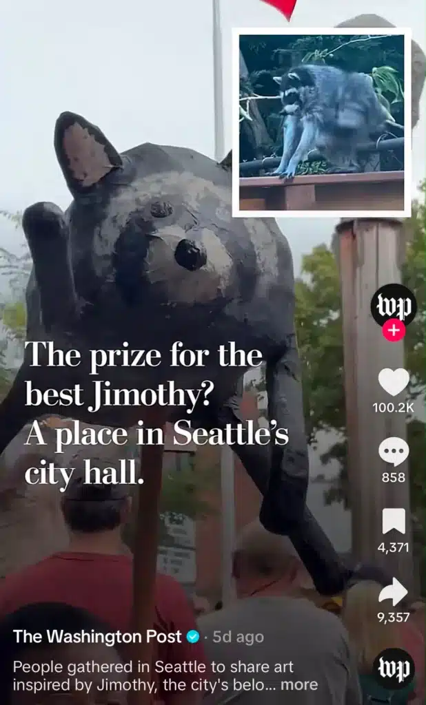 Washington Post TikTok covering Seattle's viral raccoon mascot "Jimothy" and a community celebration.
