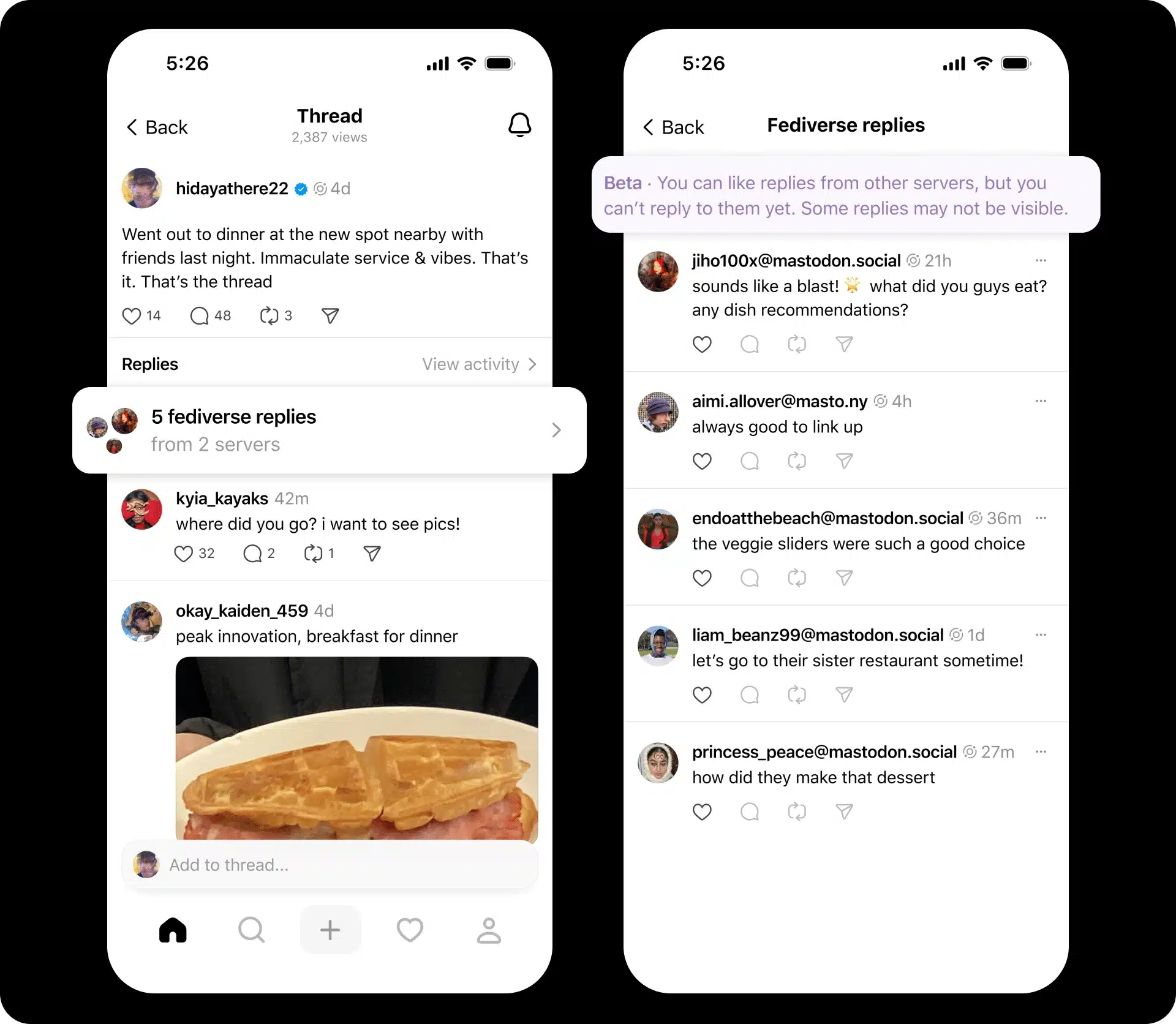 Side-by-side of a social media thread and its Fediverse replies. On the left, a user posts about having dinner at a new nearby restaurant with friends, praising the service and atmosphere. Several replies appear, including a comment asking where they went and another showing a photo of a waffle-and-bacon sandwich. A banner notes there are five Fediverse replies from two servers. On the right, the Fediverse replies include restaurant recommendations, comments about veggie sliders and dessert, and an invitation to visit the restaurant’s sister location. A purple notice explains that replies from other servers can be liked but not yet replied to, and that some replies may not be visible.