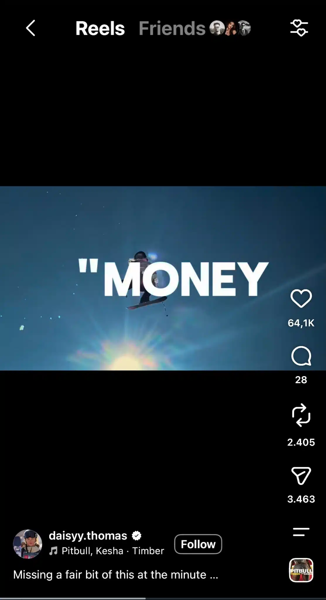 Instagram Reel showing a skier in the air against a blue sky, with large text reading, “MONEY.” The Reel uses the song “Timber” by Pitbull and Kesha.