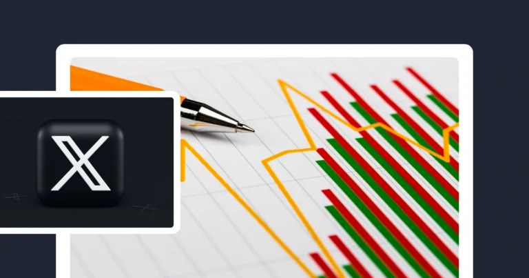 A promotional graphic about X (formerly Twitter) statistics. A black square on the left displays a white X logo. The main image shows a pen over a financial-style chart with red and green vertical bars and an orange line graph, suggesting social-media performance or analytics.