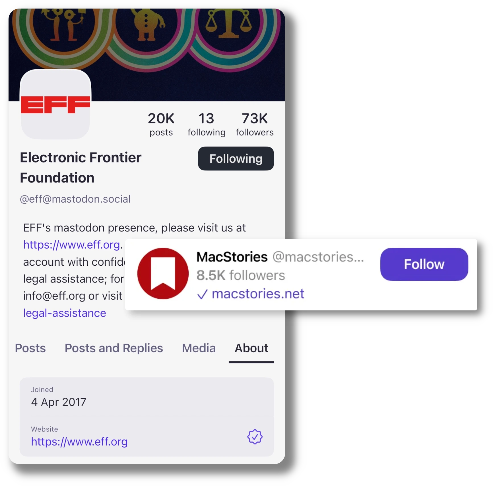 Mastodon profile for the Electronic Frontier Foundation showing 73K followers and a verified eff.org website link, alongside a MacStories profile preview with a verified macstories.net domain.