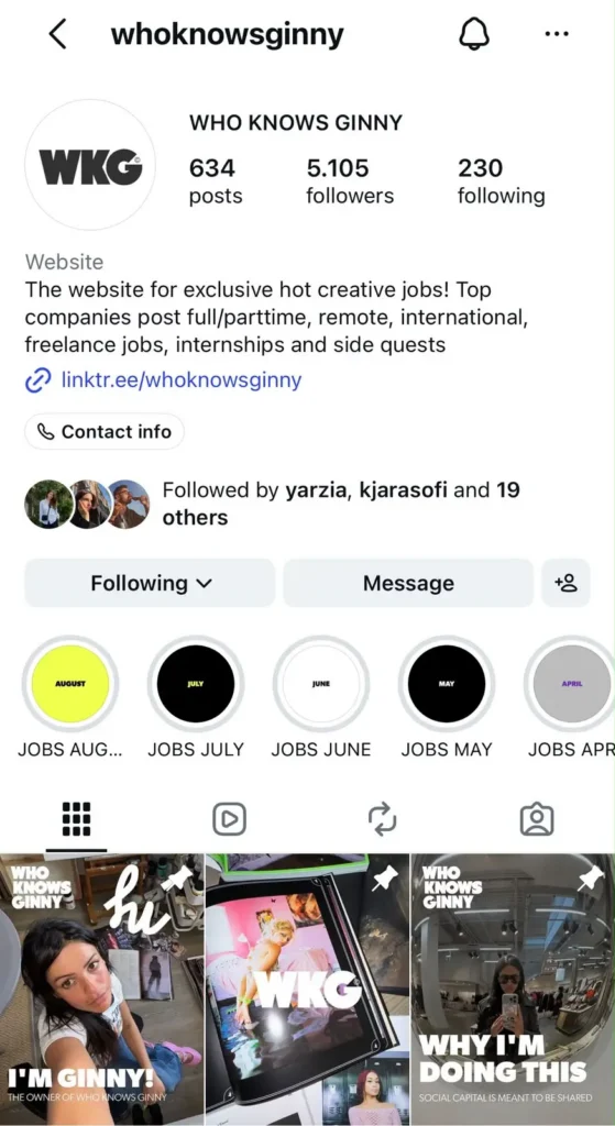 Instagram profile for Who Knows Ginny, a creative jobs platform, showing a descriptive bio, monthly job Highlights, and three pinned posts.