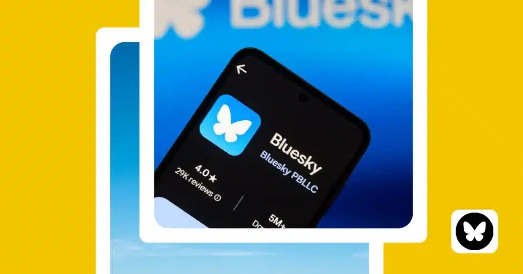 Graphic showing the Bluesky app page on a smartphone, representing how the Bluesky algorithm works.