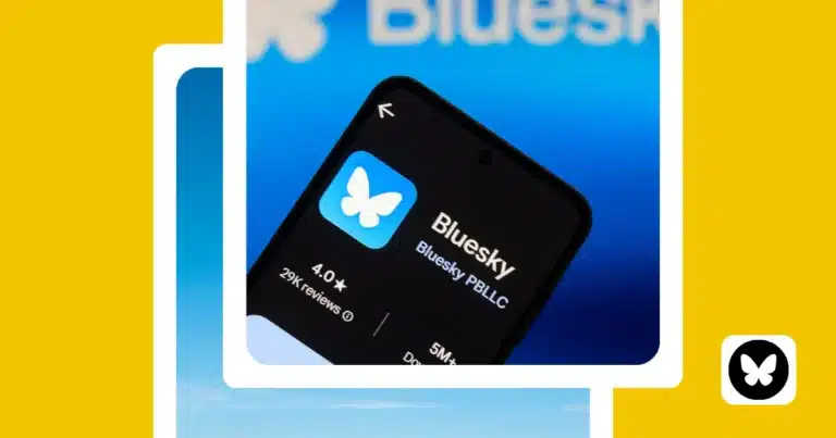 Graphic showing the Bluesky app page on a smartphone, representing how the Bluesky algorithm works.