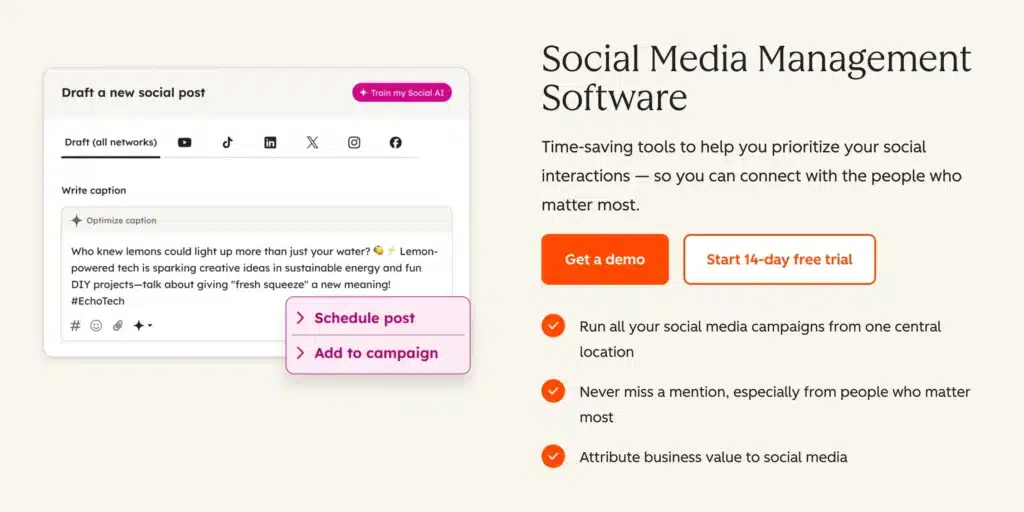 HubSpot website section promoting its social media management software, with a social post creation preview and features for managing campaigns, mentions, and social media performance.