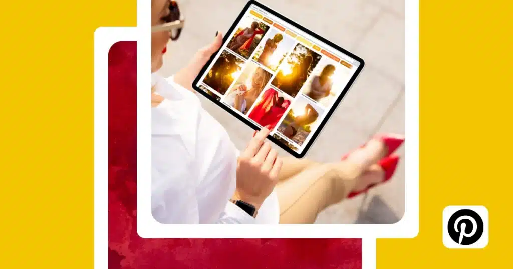 Graphic showing a person browsing a grid of visual content on a tablet, representing how the Pinterest algorithm works.