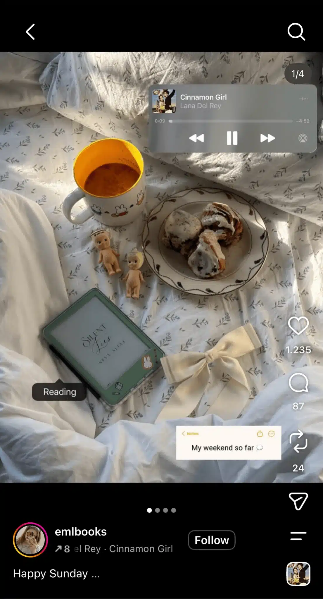 Instagram carousel showing a cozy weekend scene with a book, coffee, pastries, and a music player for “Cinnamon Girl” by Lana Del Rey.