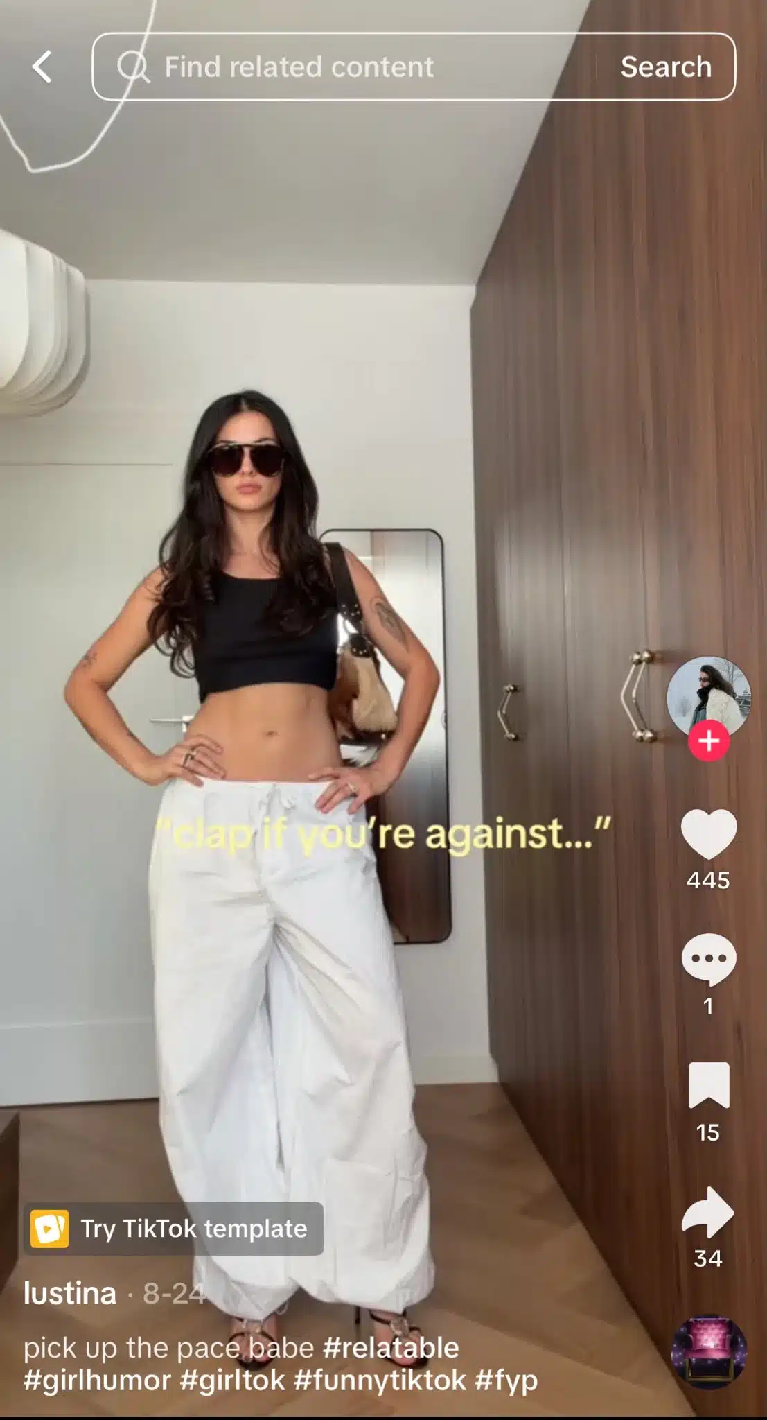 TikTok video showing a woman posing indoors with the text “clap if you’re against...” as part of a clap trend.