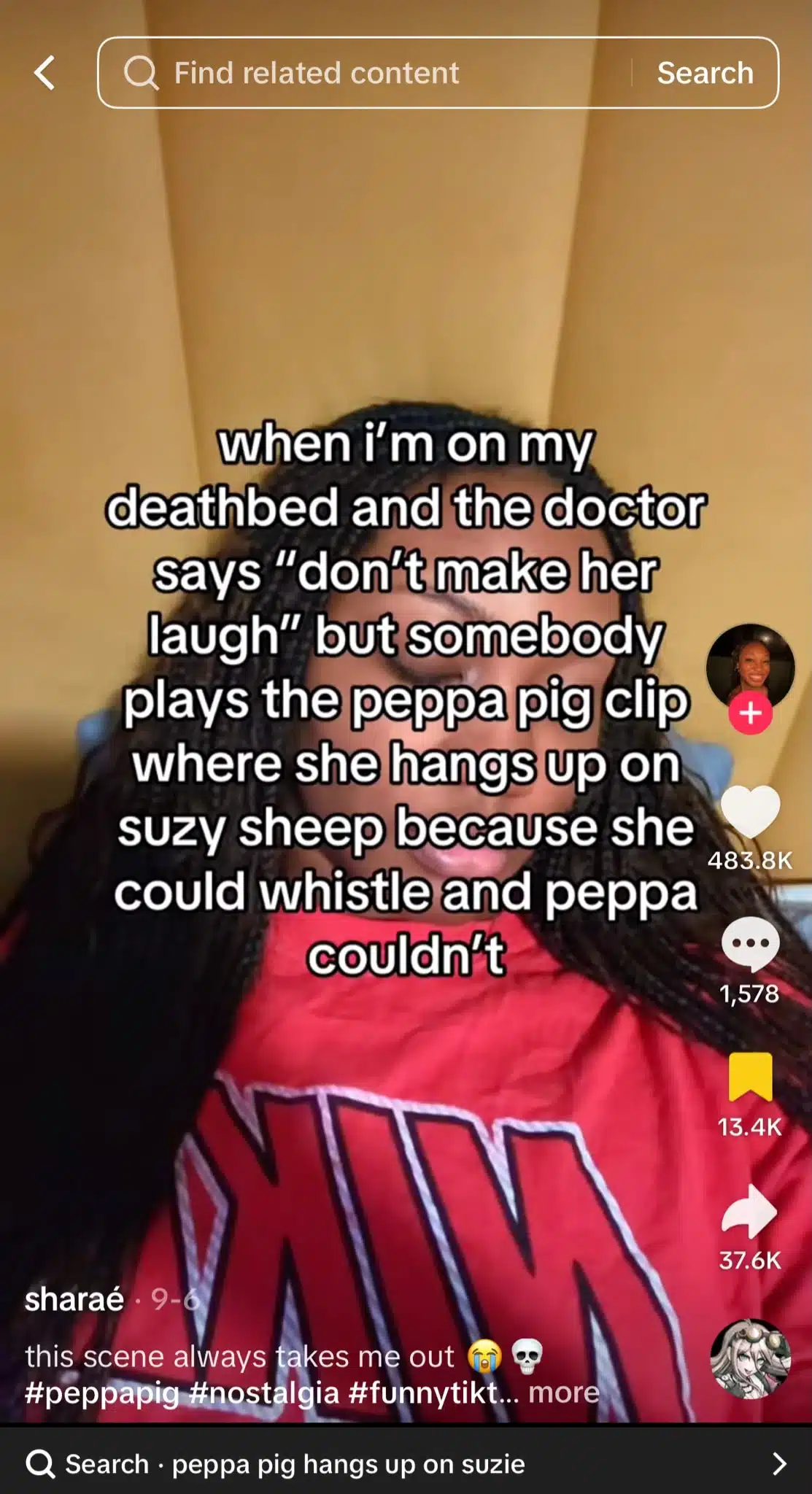 TikTok video using the “don’t make her laugh” format, where a woman jokes that a specific Peppa Pig scene would still make her laugh on her deathbed.