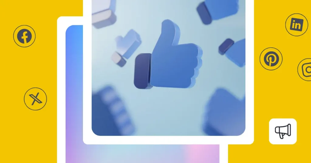 Graphic showing floating thumbs-up icons to represent a drop in social media engagement, surrounded by Facebook, X, LinkedIn, Pinterest, and Instagram icons.