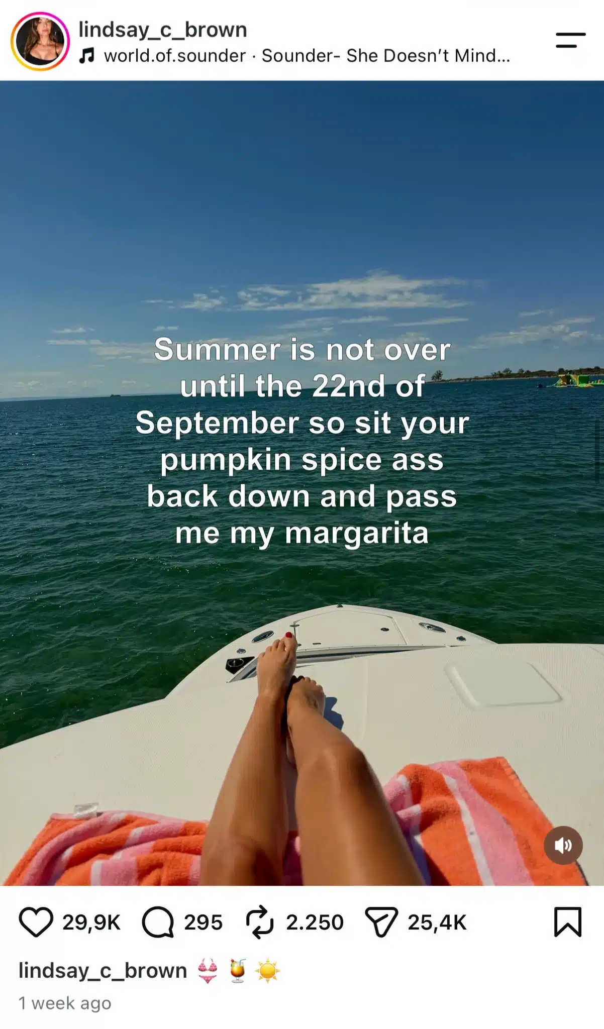 Instagram meme from Lindsay C. Brown showing someone relaxing on a boat, with text insisting summer is not over until September 22 and joking about choosing margaritas over pumpkin spice.