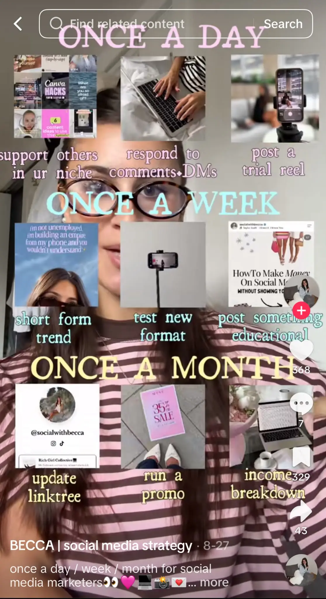 TikTok video about a social media posting routine, with examples grouped under “Once a day,” “Once a week,” and “Once a month,” including engaging with niche content, responding to comments and DMs, testing new formats, and reviewing income.