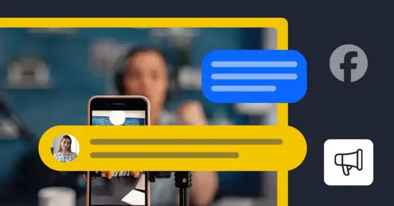 Creator filming a video on a smartphone with Facebook, comment, and promotion icons.
