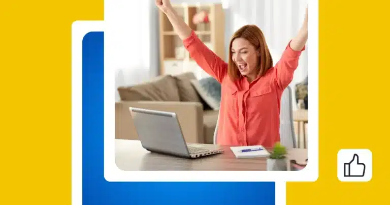 Woman celebrating at her laptop with a thumbs-up icon representing social media engagement.