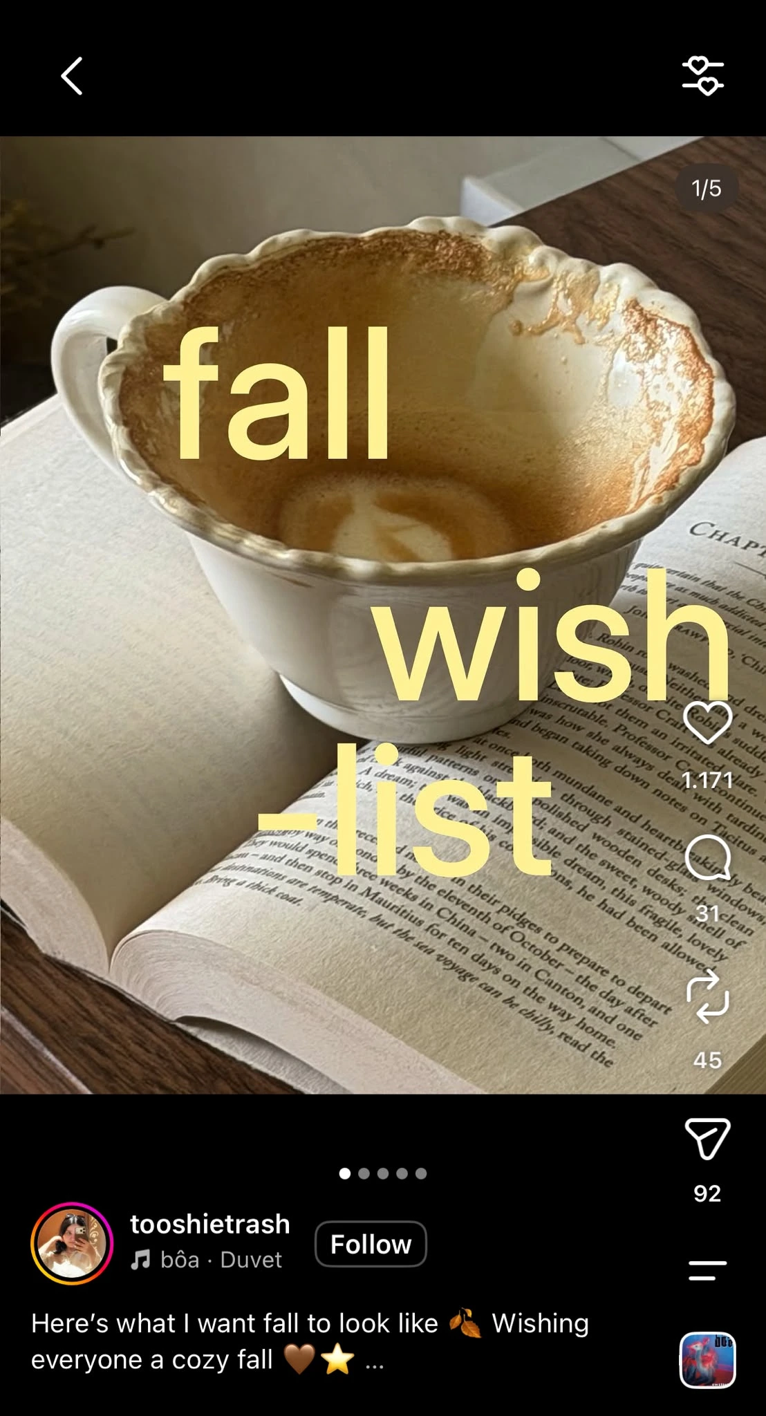 Instagram carousel post featuring a coffee cup and open book with large text reading “fall wish list,” representing a collection of things the creator wants for fall.