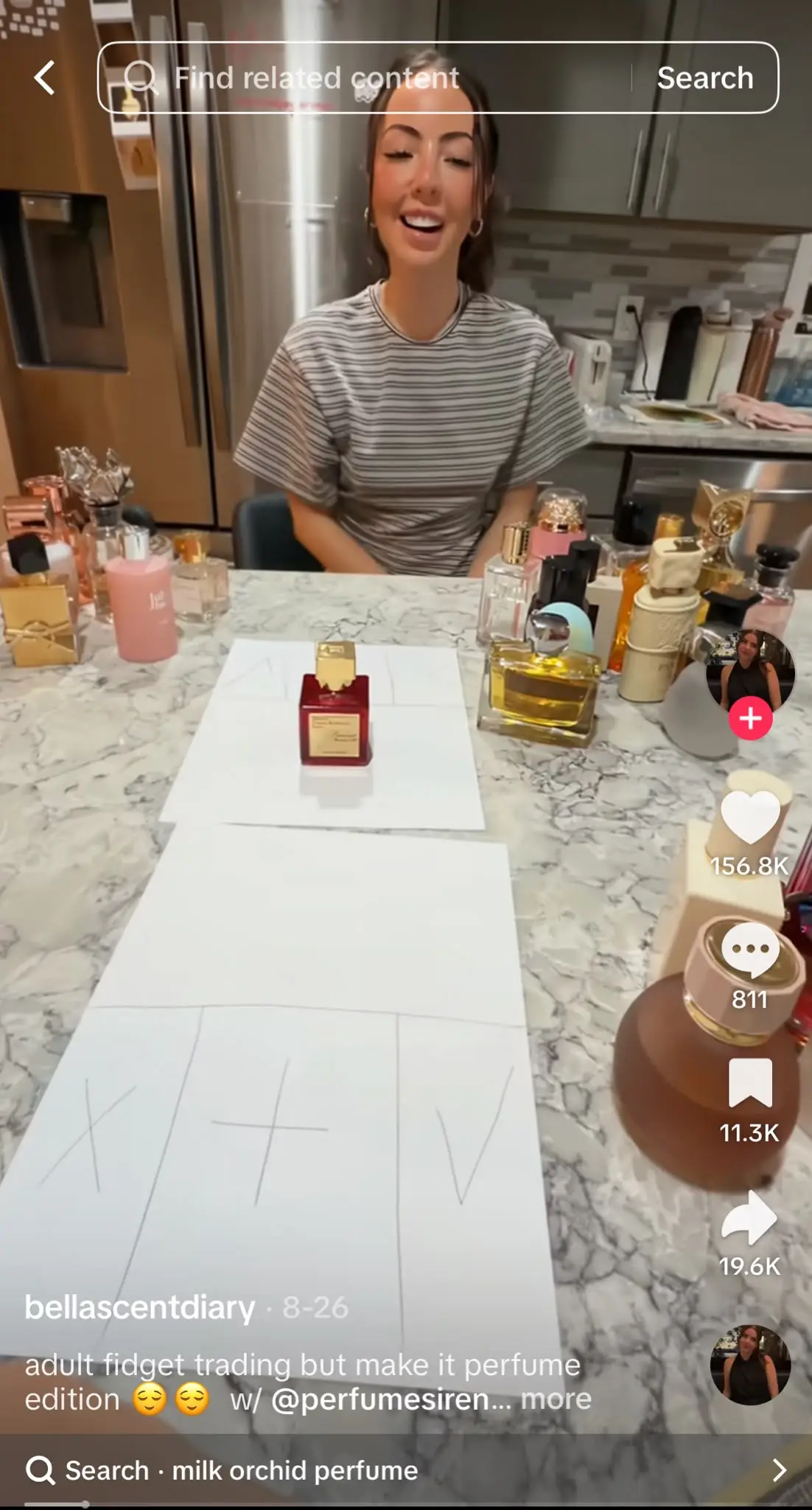 TikTok video showing two people trading perfume bottles using hand-drawn X, plus, and check mark options as part of the adult fidget trading trend.