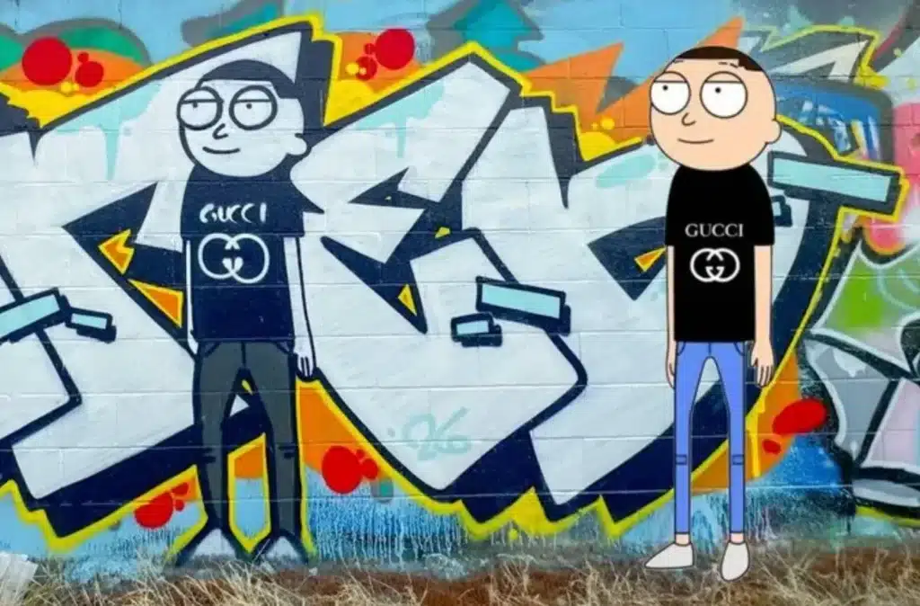 Gucci Morty standing in front of a colorful graffiti wall next to a matching graffiti version of the character.