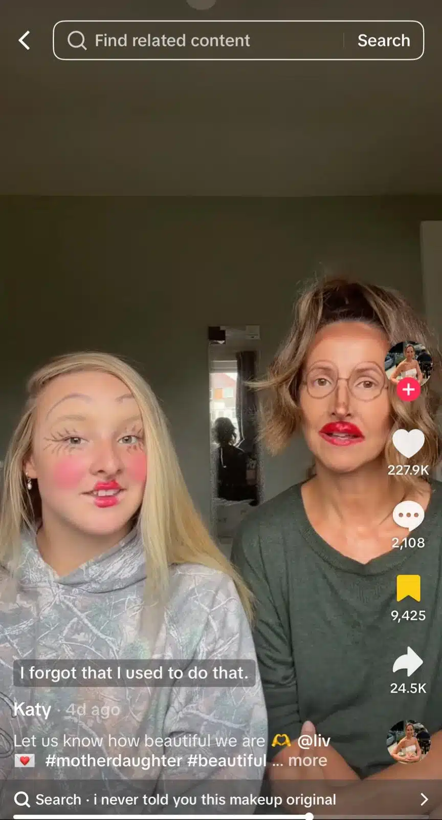 TikTok video showing a mother and daughter wearing exaggerated makeup as part of a humorous beauty trend.