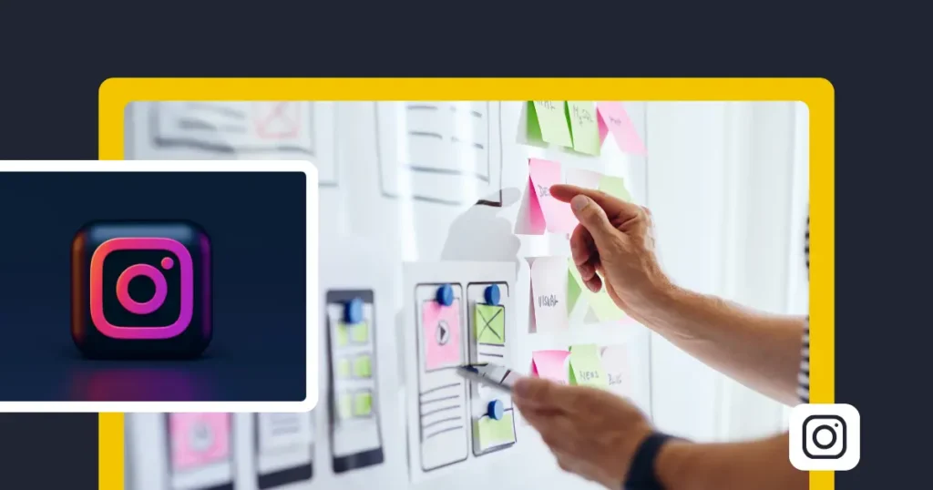 Graphic representing Instagram planning, with the Instagram logo beside a person organizing colorful sticky notes and mobile content mockups on a wall.