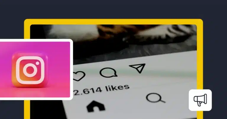 Instagram logo beside a close-up of an Instagram post showing like, comment, and share icons.