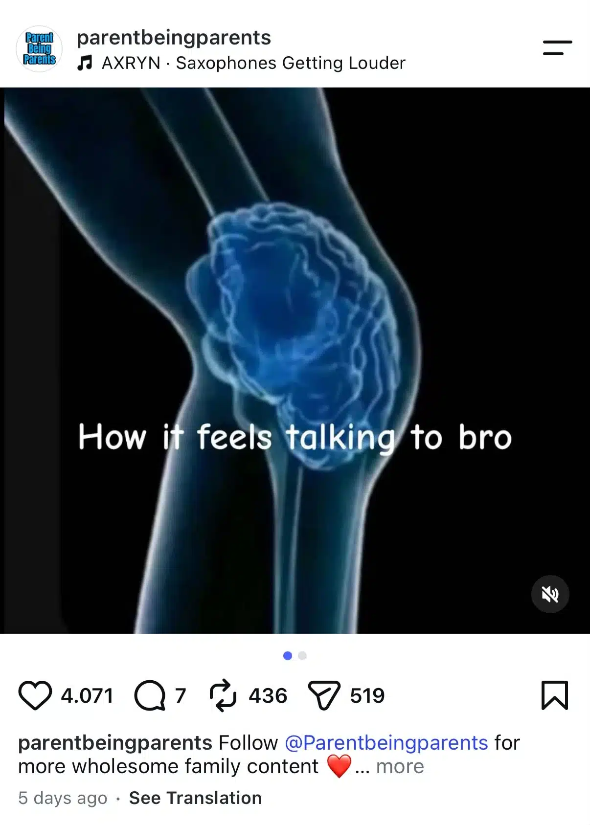 Instagram meme from Parent Being Parents showing an X-ray-style graphic of a brain positioned at the knee, with text reading, “How it feels talking to bro.”