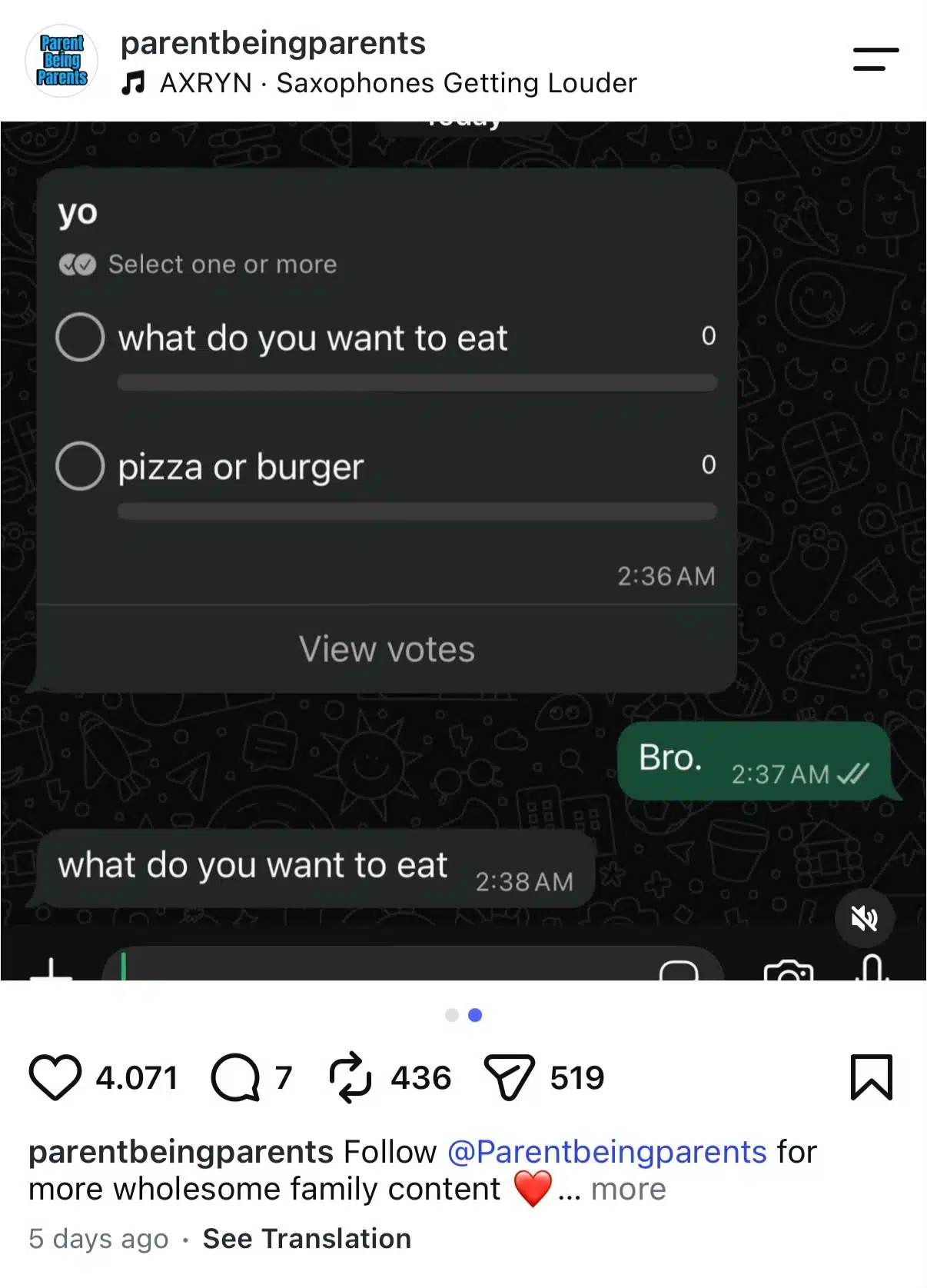 Second page of Instagram meme from Parent Being Parents showing a WhatsApp poll asking “what do you want to eat” or “pizza or burger,” followed by a reply saying “Bro.”