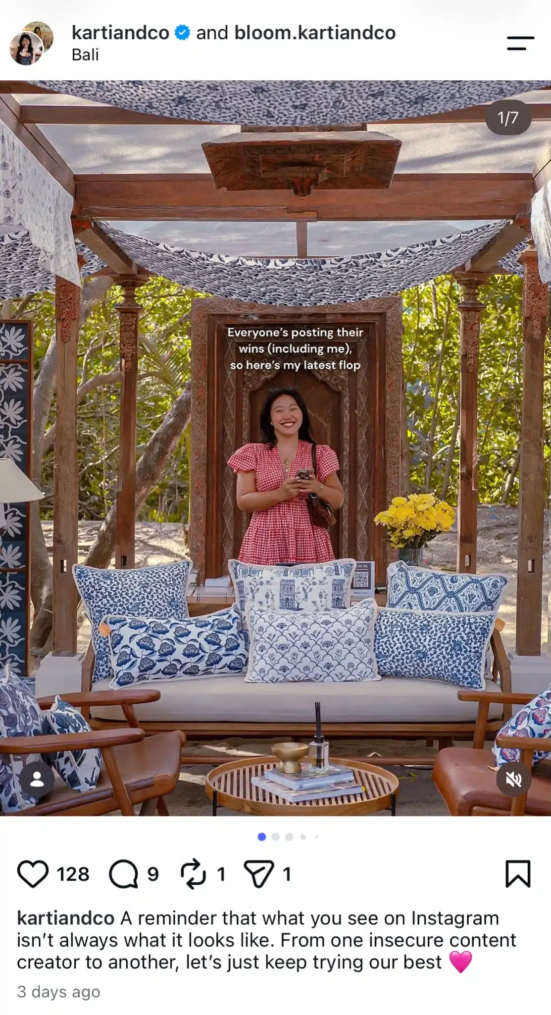 Instagram carousel post from kartiandco showing a woman in Bali with text reading, “Everyone’s posting their wins (including me), so here’s my latest flop,” introducing a candid social media trend about sharing failures.