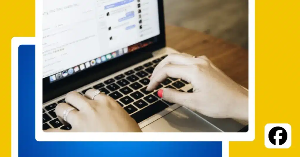 A social media graphic showing a person using a laptop to interact with a Facebook-style interface. The photo is framed by a white rounded rectangle with blue and yellow accents and a Facebook icon, representing Facebook account management and online activity.