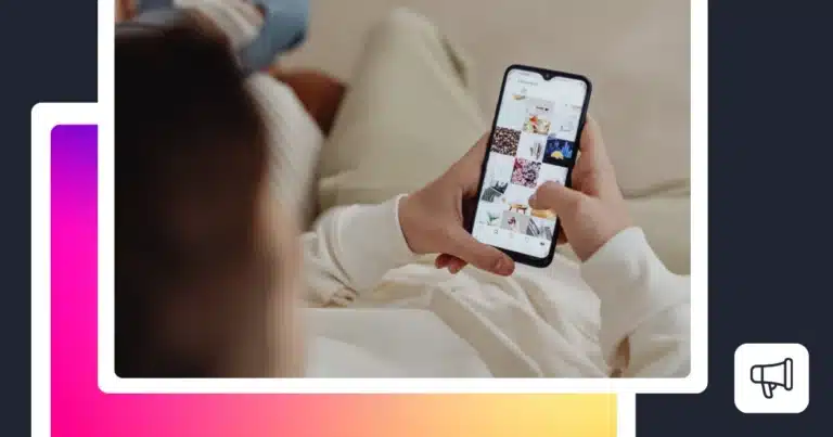 A social media graphic showing a person relaxing on a sofa while using a smartphone to browse an Instagram-style photo grid. The image is framed by a dark background with a colorful pink-to-yellow gradient accent and a megaphone icon, representing social media management and content activity.