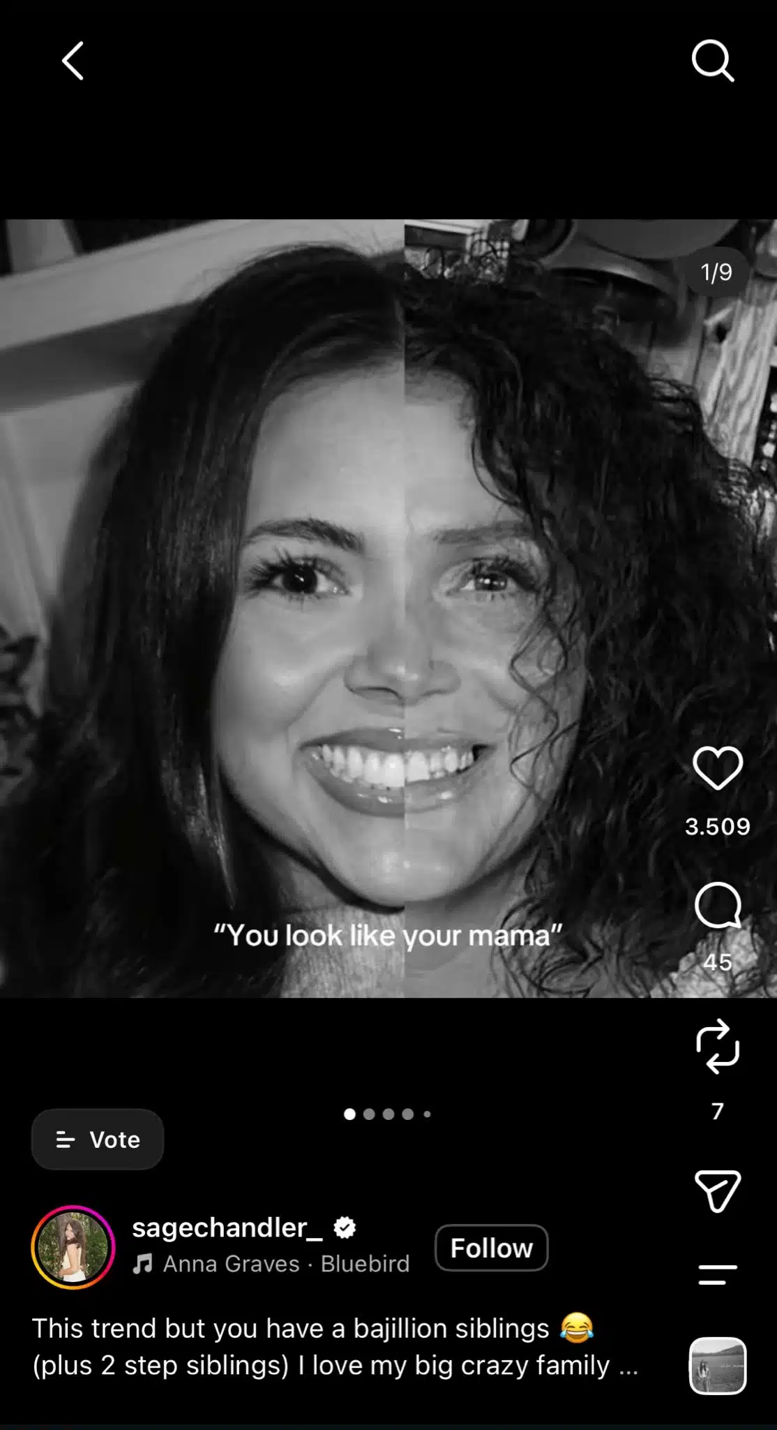 Instagram carousel using the Parent Split-Face Trend, combining half of a person’s face with half of a family member’s face in black and white to highlight their resemblance, with text reading “You look like your mama.”