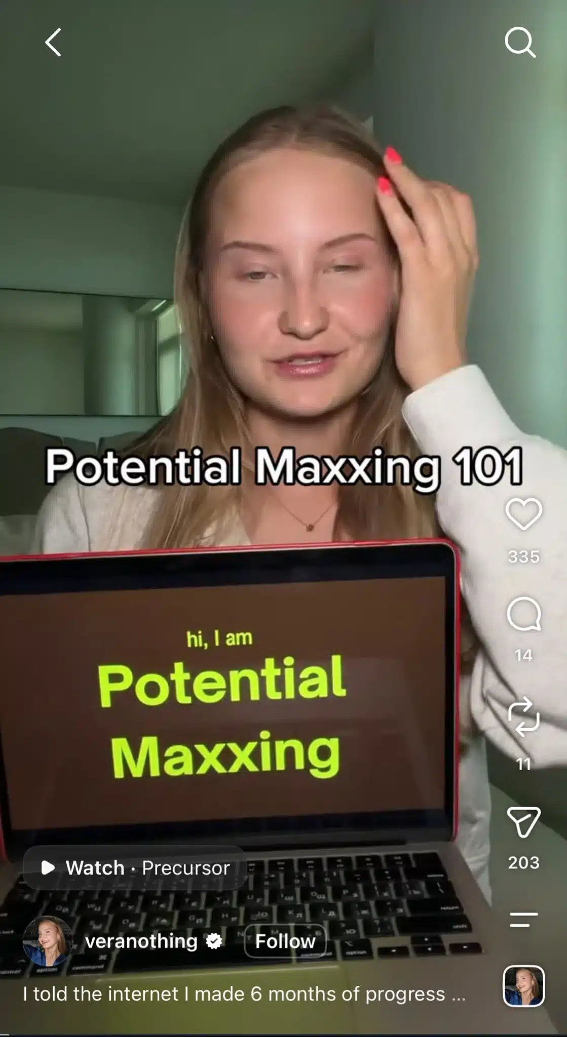 Instagram Reel about “Potential Maxxing 101,” featuring a creator discussing habits and changes for reaching her full potential.