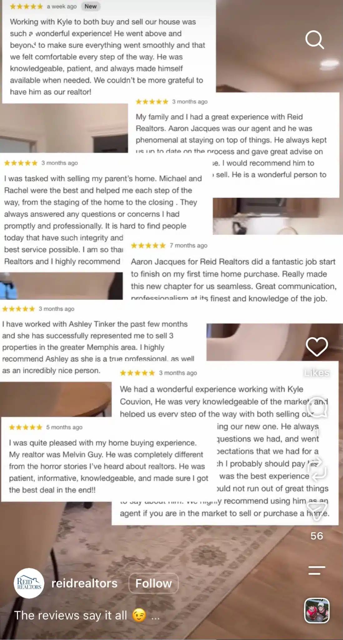 Instagram Reel from Reid Realtors featuring a collage of five-star client testimonials praising agents for their communication, professionalism, and support during home purchases and sales.