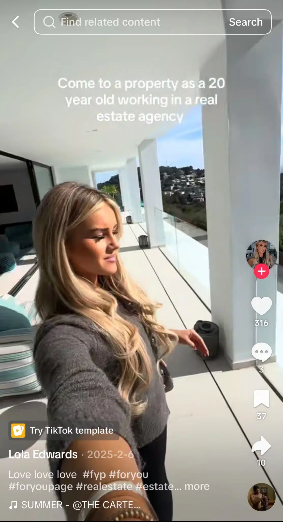 TikTok video showing a young real estate professional touring a modern property, with text reading “Come to a property as a 20 year old working in a real estate agency.”