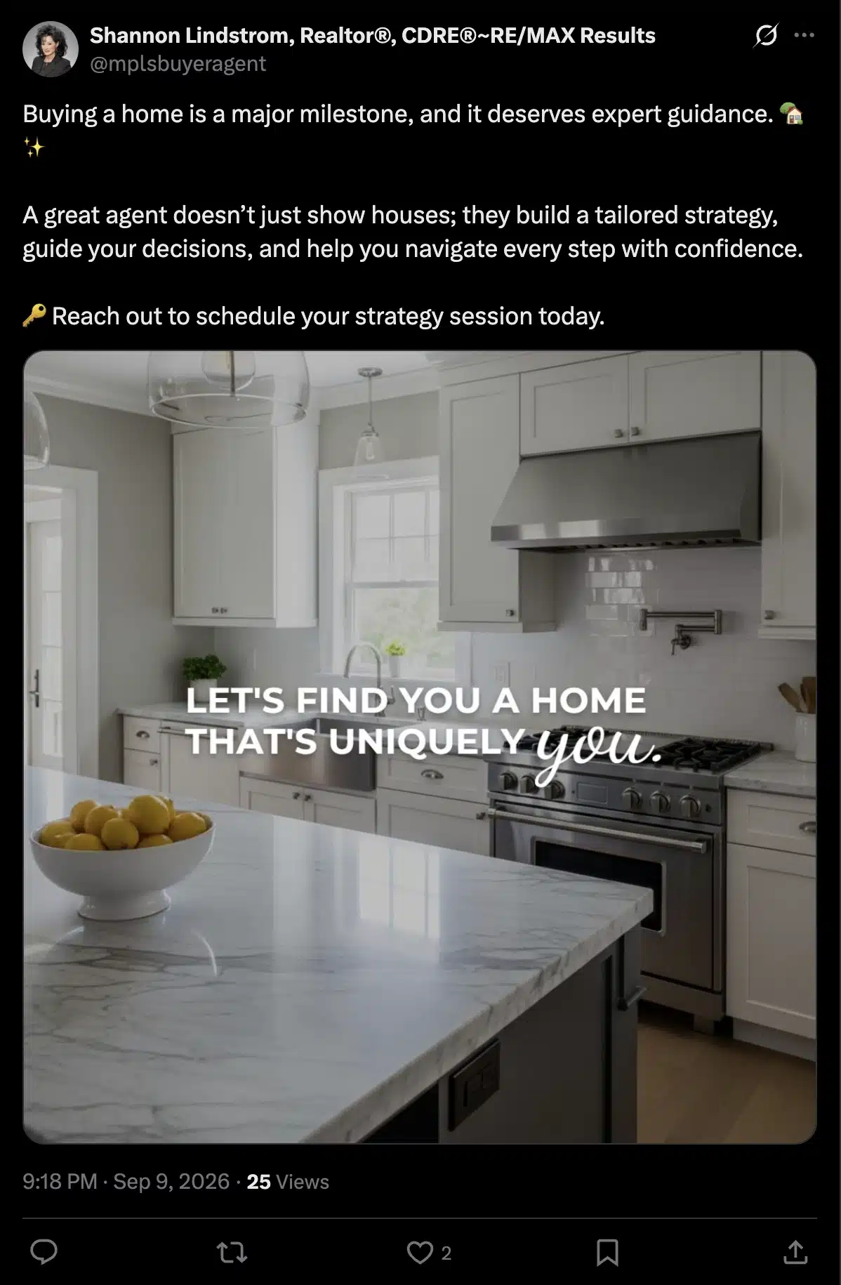 X post from a real estate agent promoting personalized guidance for home buyers, paired with a modern kitchen photo and the text “Let’s find you a home that’s uniquely you.”