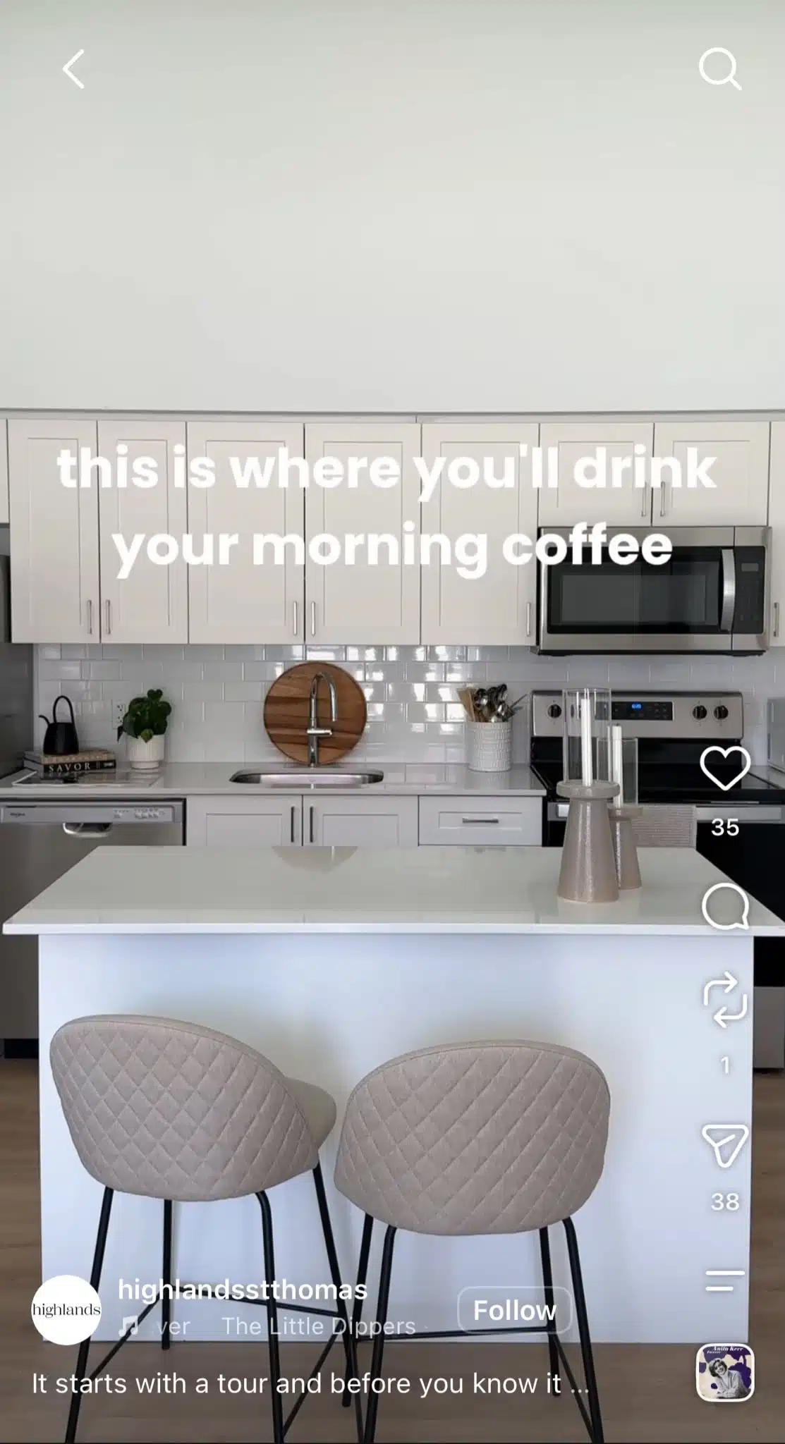 nstagram Reel featuring a bright modern kitchen during a home tour, with text reading “this is where you’ll drink your morning coffee.”