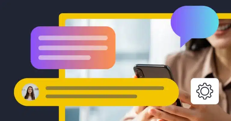 Graphic representing scheduling a first comment on social media, with a person using a smartphone alongside stylized comment bubbles and a settings icon.