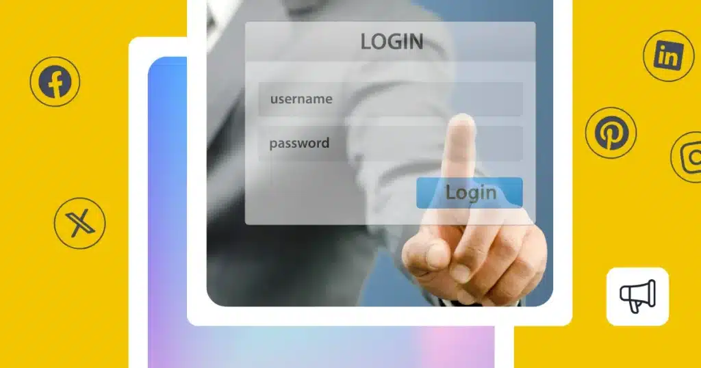 A bright yellow social-media graphic showing Facebook, X, Pinterest, LinkedIn, and Instagram icons around a central login screen with username and password fields. A hand is pressing the blue “Login” button, representing access to a social media account or platform.