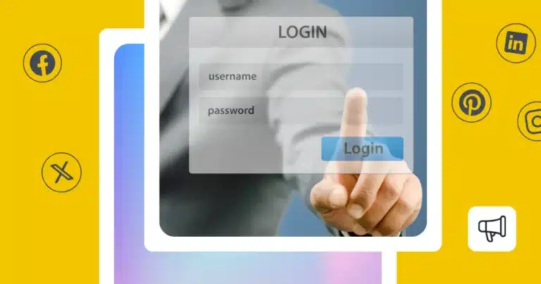 A bright yellow social-media graphic showing Facebook, X, Pinterest, LinkedIn, and Instagram icons around a central login screen with username and password fields. A hand is pressing the blue “Login” button, representing access to a social media account or platform.