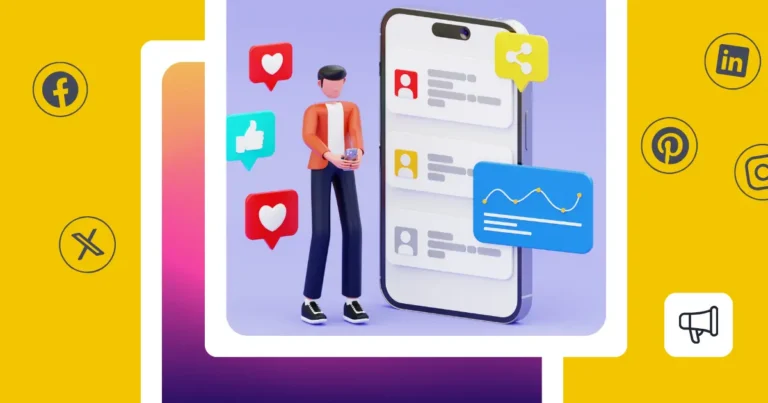 Graphic representing social media engagement, featuring a smartphone with a social feed, reaction icons, and an analytics chart, surrounded by Facebook, X, LinkedIn, Pinterest, and Instagram icons.